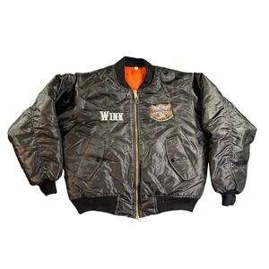 MA-1 Flight Biker Bomber Jacket Mens Medium Black Embroidered Patch Road House